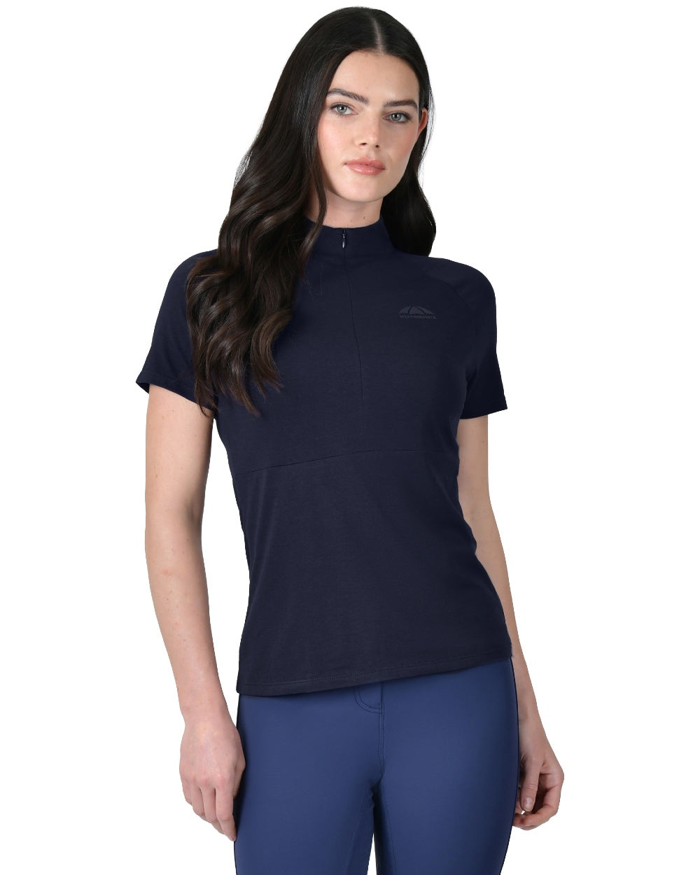 Navy coloured WeatherBeeta Womens Bamboo Short Sleeve Performance Base Layer on white background 