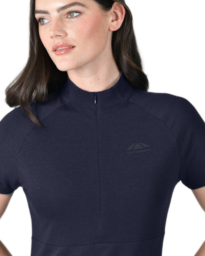 Navy coloured WeatherBeeta Womens Bamboo Short Sleeve Performance Base Layer on white background 
