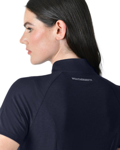 Navy coloured WeatherBeeta Womens Bamboo Short Sleeve Performance Base Layer on white background 