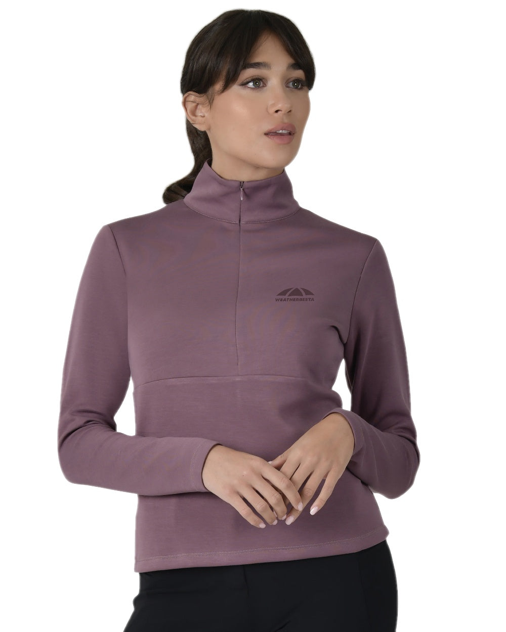 Mauve Wine Coloured WeatherBeeta Womens Copper Half Zip Long Sleeve Mid-Layer on white background 