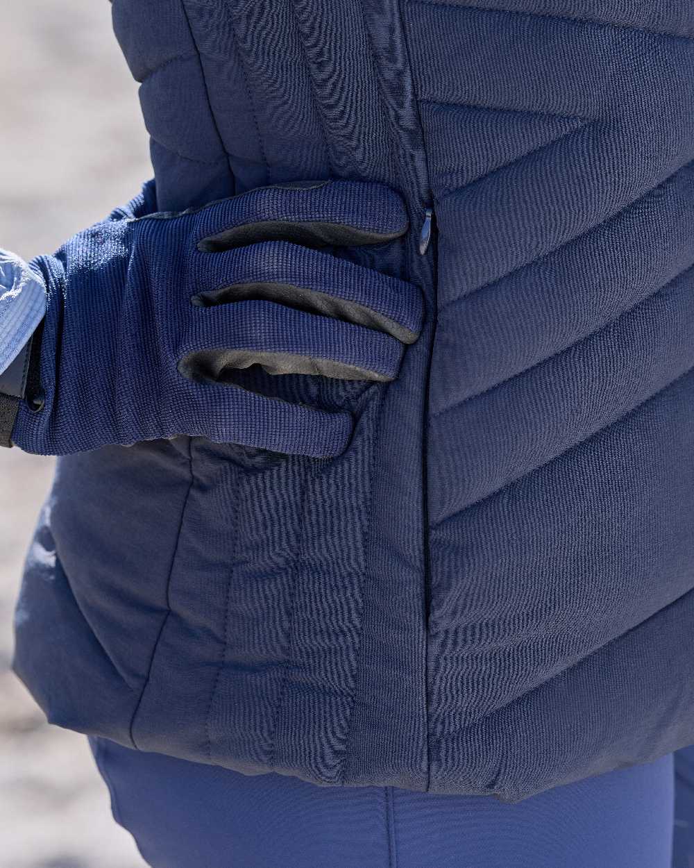 Navy Coloured WeatherBeeta Womens Insulated Vest on outdoor background 