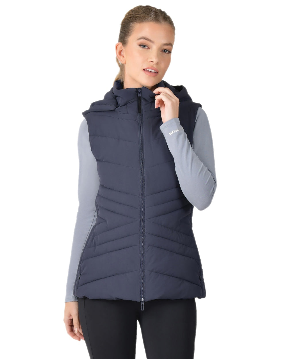 Navy Coloured WeatherBeeta Womens Insulated Vest on white background 