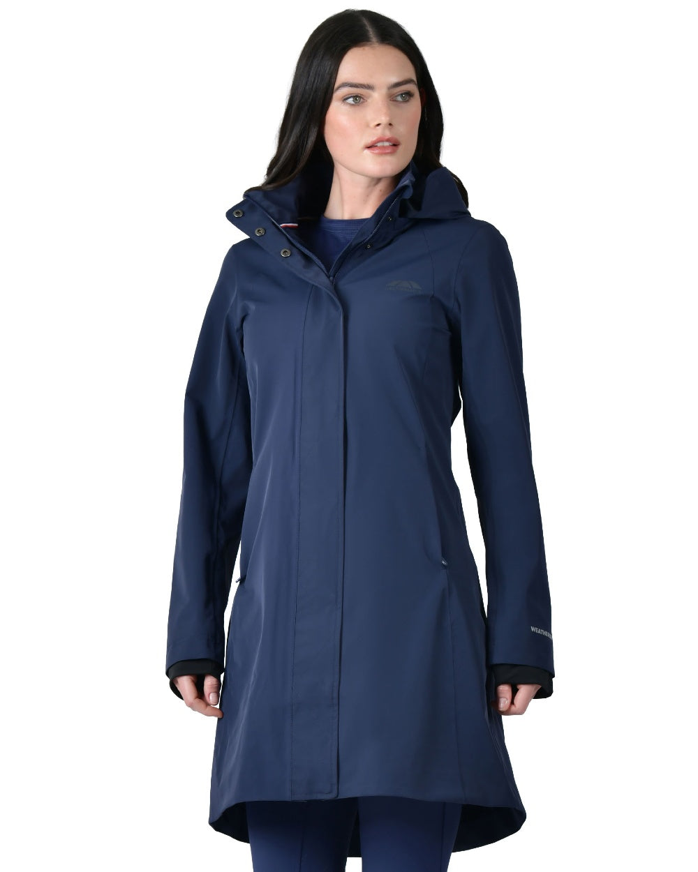 Navy coloured WeatherBeeta Womens Protect Waterproof Longline Riding Jacket on white background 
