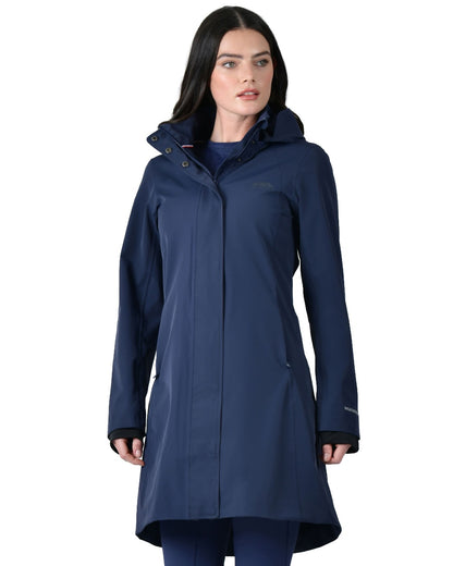 Navy coloured WeatherBeeta Womens Protect Waterproof Longline Riding Jacket on white background 