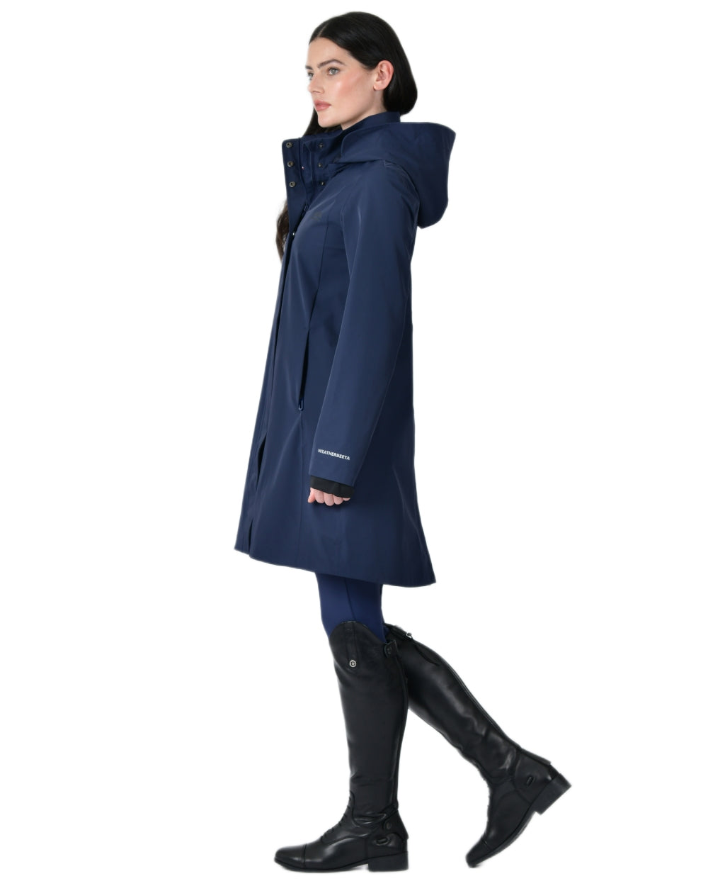 Navy coloured WeatherBeeta Womens Protect Waterproof Longline Riding Jacket on white background 