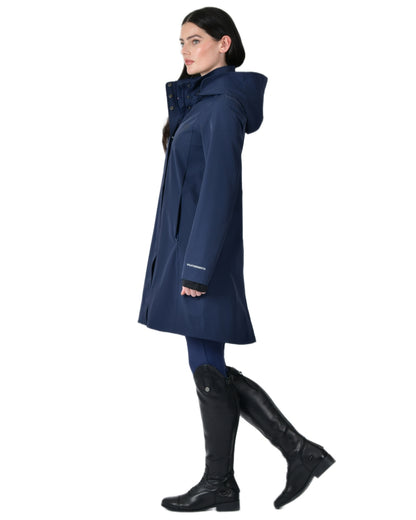 Navy coloured WeatherBeeta Womens Protect Waterproof Longline Riding Jacket on white background 