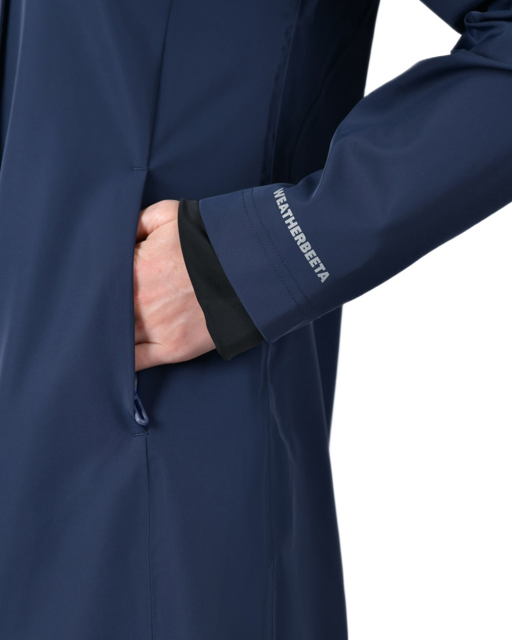 Navy coloured WeatherBeeta Womens Protect Waterproof Longline Riding Jacket on white background 