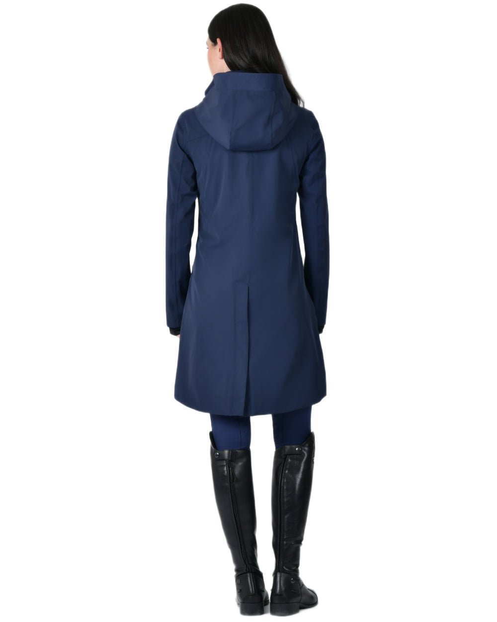 Navy coloured WeatherBeeta Womens Protect Waterproof Longline Riding Jacket on white background 