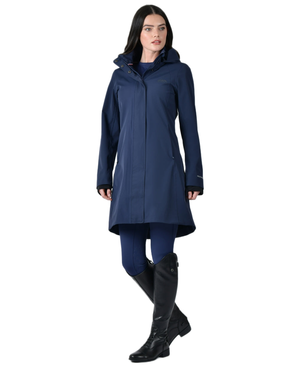 Navy coloured WeatherBeeta Womens Protect Waterproof Longline Riding Jacket on white background 