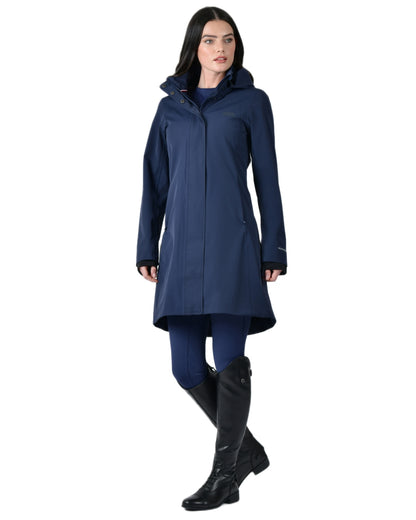 Navy coloured WeatherBeeta Womens Protect Waterproof Longline Riding Jacket on white background 