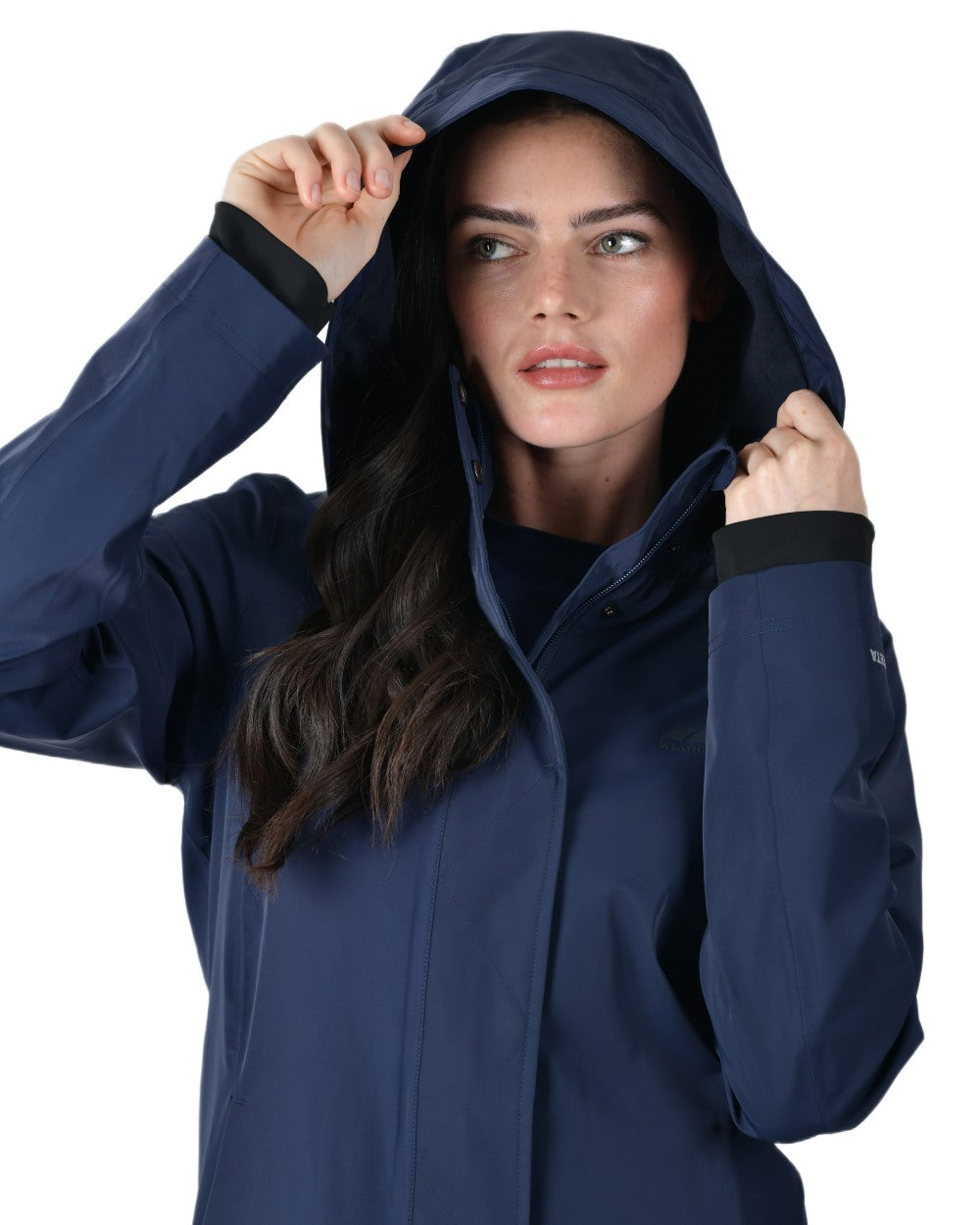 Navy coloured WeatherBeeta Womens Protect Waterproof Longline Riding Jacket on white background 