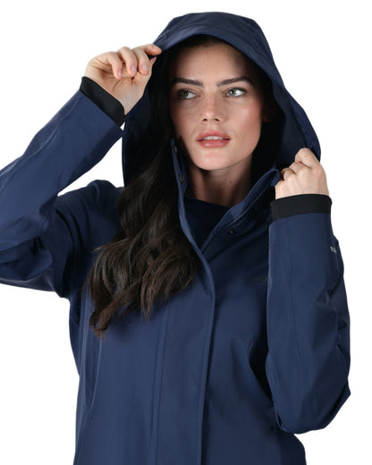 Navy coloured WeatherBeeta Womens Protect Waterproof Longline Riding Jacket on white background 