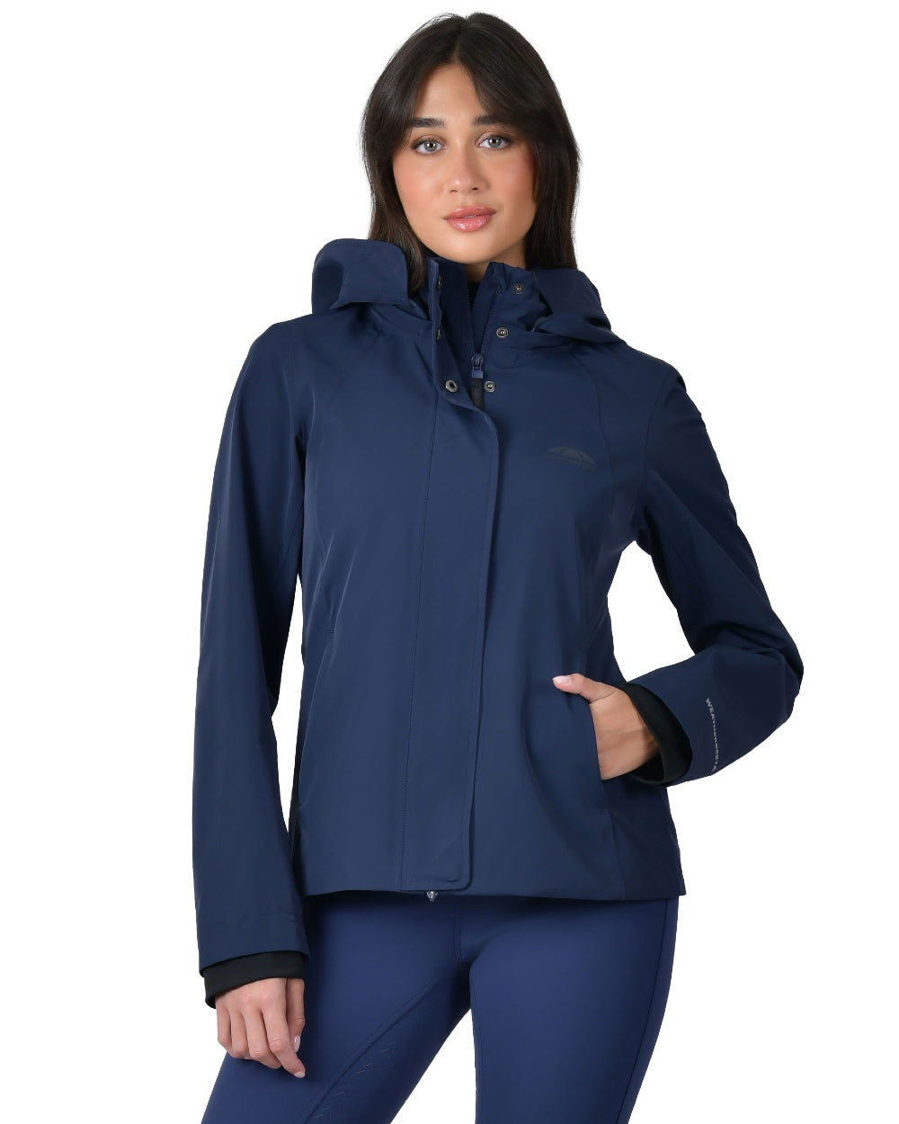Navy coloured WeatherBeeta Womens Protect Waterproof Riding Jacket on white background 