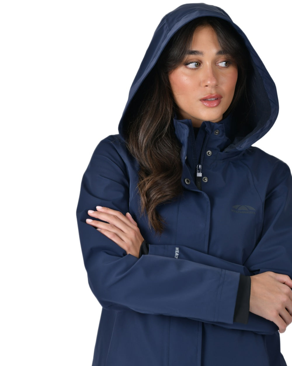 Navy coloured WeatherBeeta Womens Protect Waterproof Riding Jacket on white background 