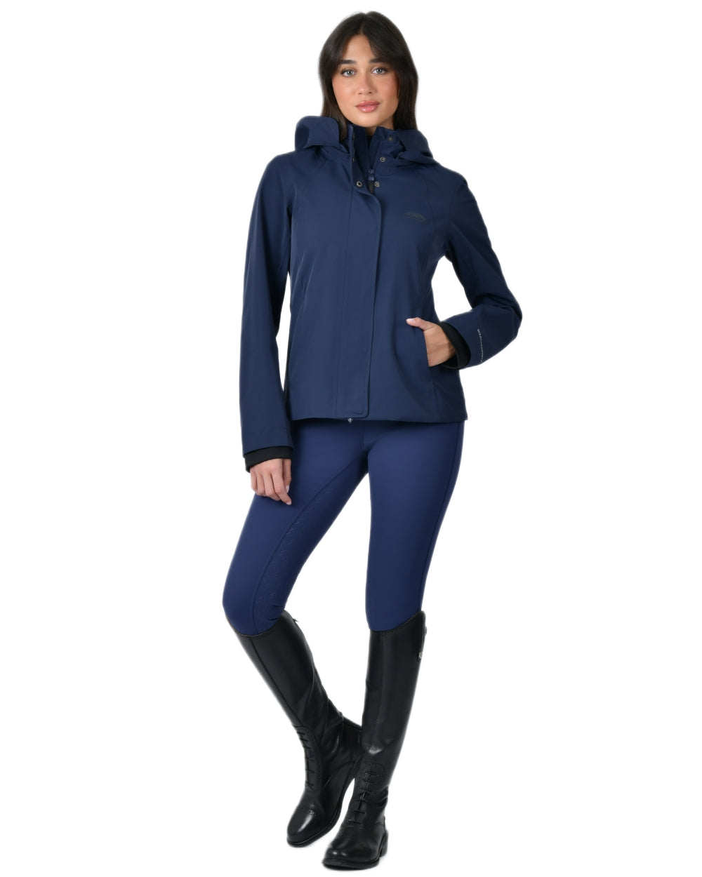Navy coloured WeatherBeeta Womens Protect Waterproof Riding Jacket on white background 