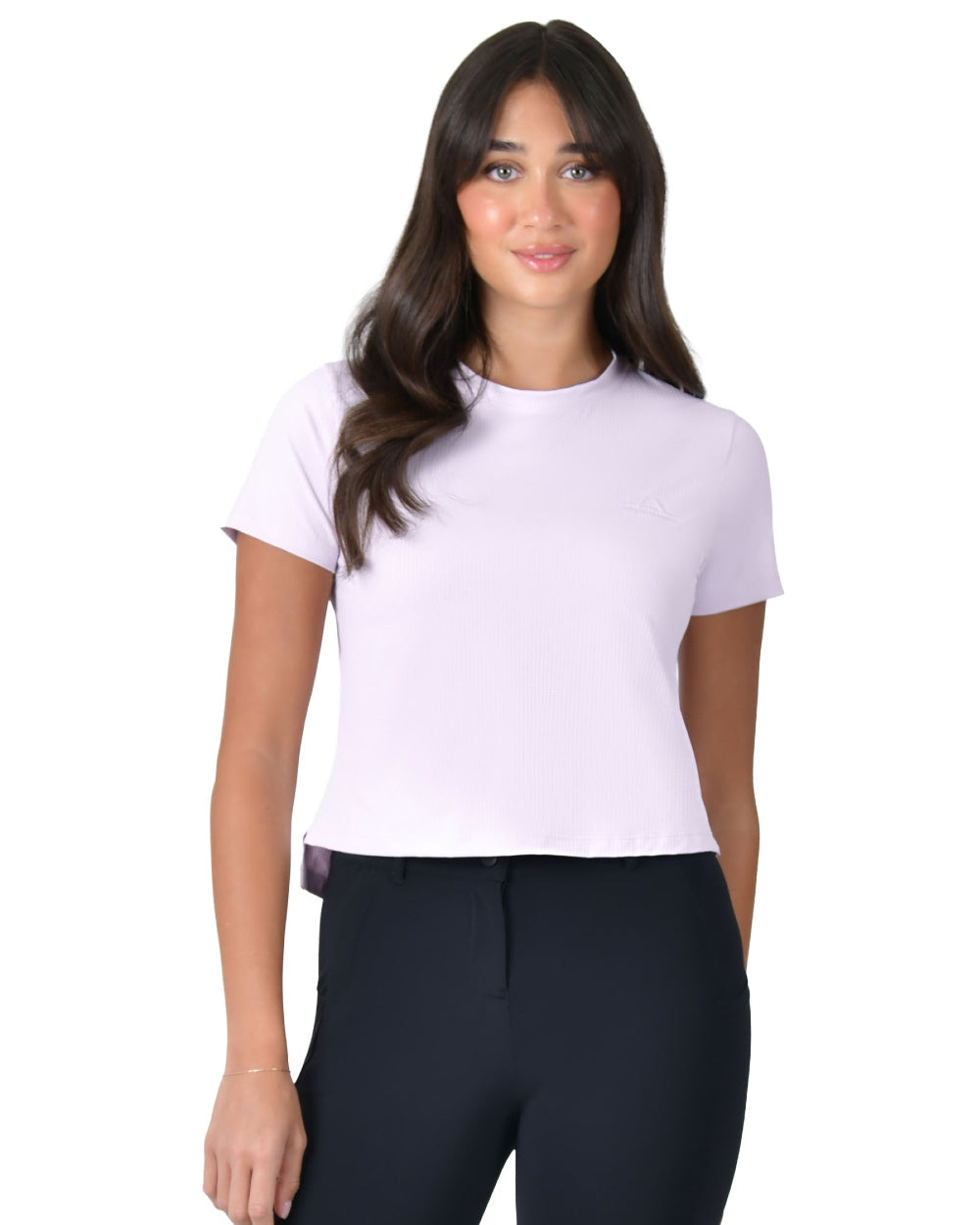 Lavender Mist coloured WeatherBeeta Womens Relaxed Cropped Copper UV Short Sleeve Tee on white background 