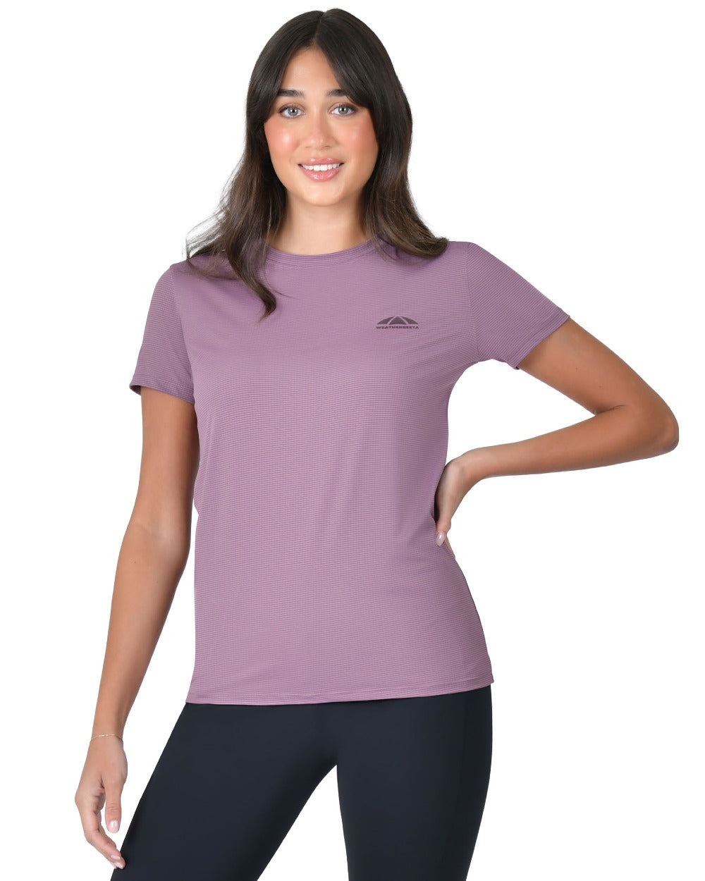 Mauve Wine coloured WeatherBeeta Womens Relaxed UV Short Sleeve T-Shirt on white background 
