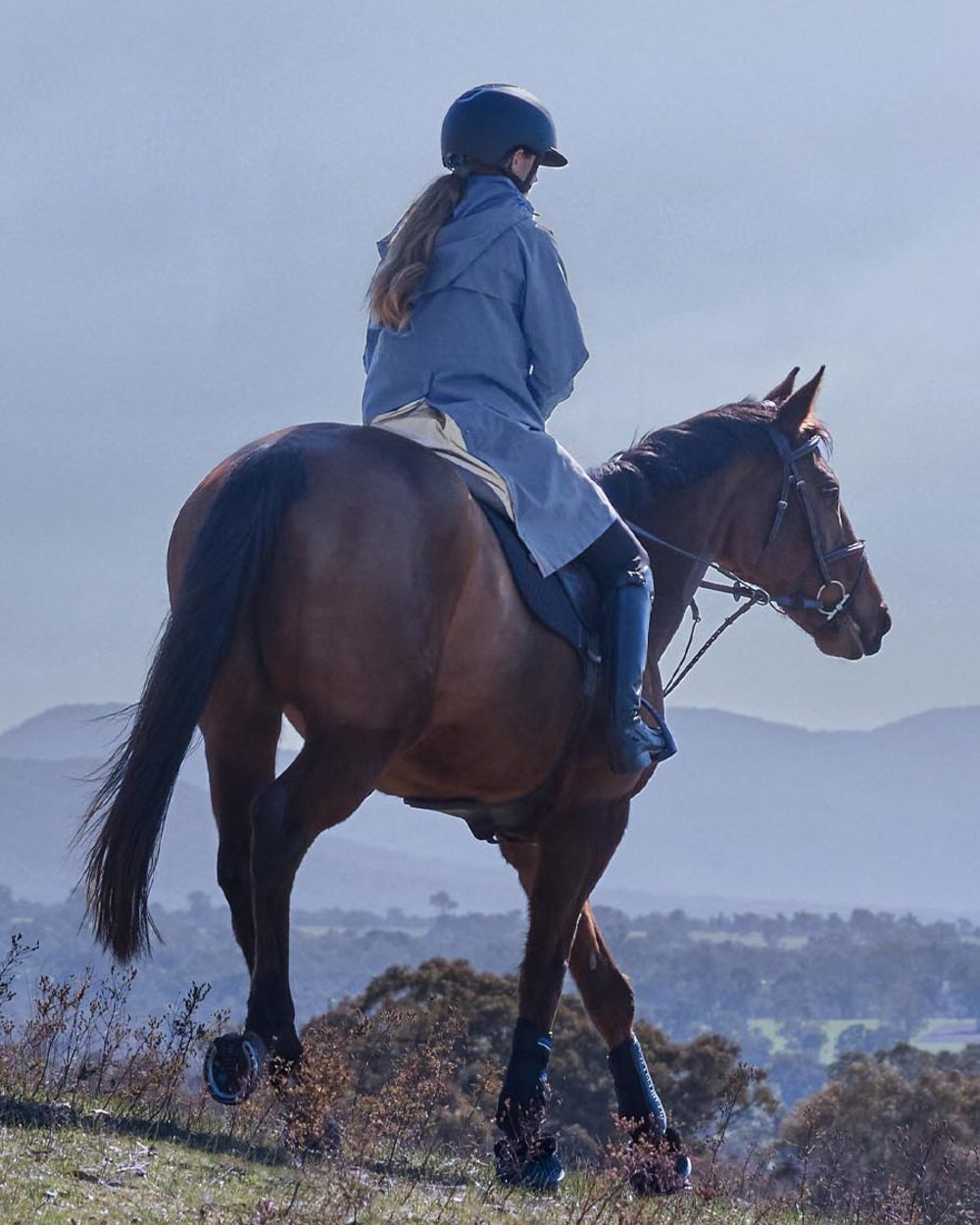 Slate Blue Coloured WeatherBeeta Womens Windbreaker Longline Riding Jacket on outdoor background 