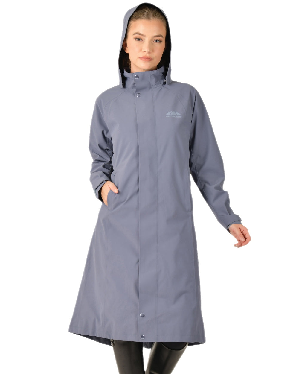 Slate Blue Coloured WeatherBeeta Womens Windbreaker Longline Riding Jacket on white background 