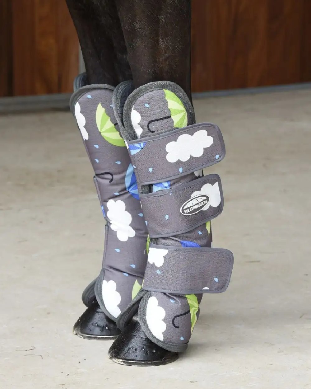 Umbrella Print coloured WeatherBeeta 1200D Wide Tab Long Travel Boots on blurry background 