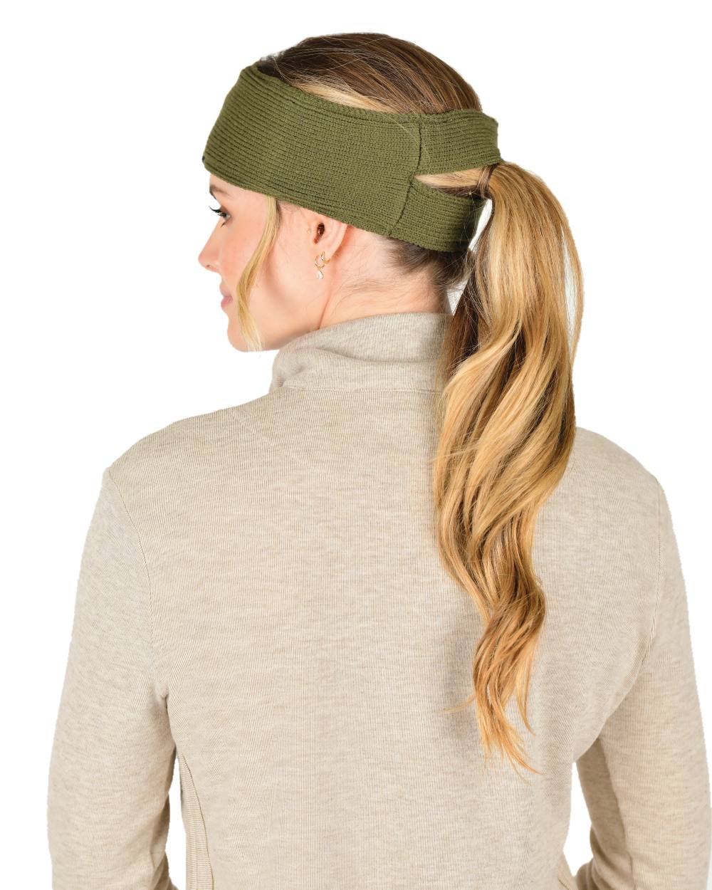 Olive Night coloured WeatherBeeta Fleece Lined Ponytail Headband on white background 