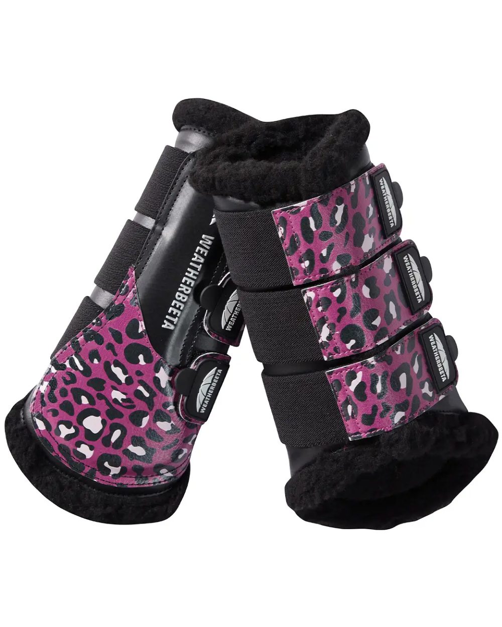 Pink Leopard Print coloured Weatherbeeta Leopard Brushing Boots on white background 