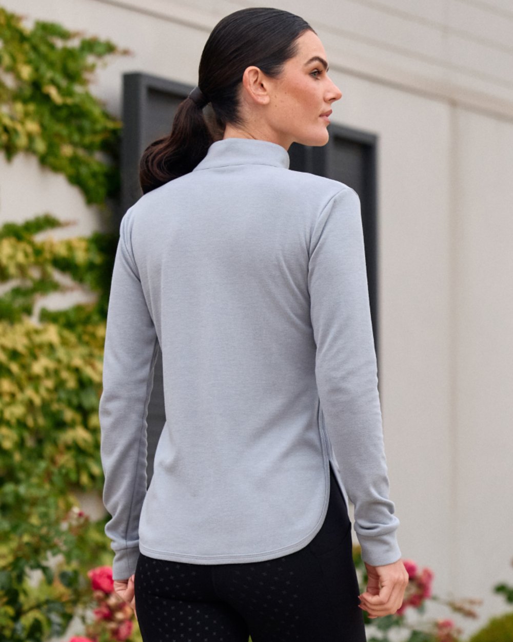 Bluestone Marle coloured Weatherbeeta Womens London Layer Long Sleeve Top on outdoor background 