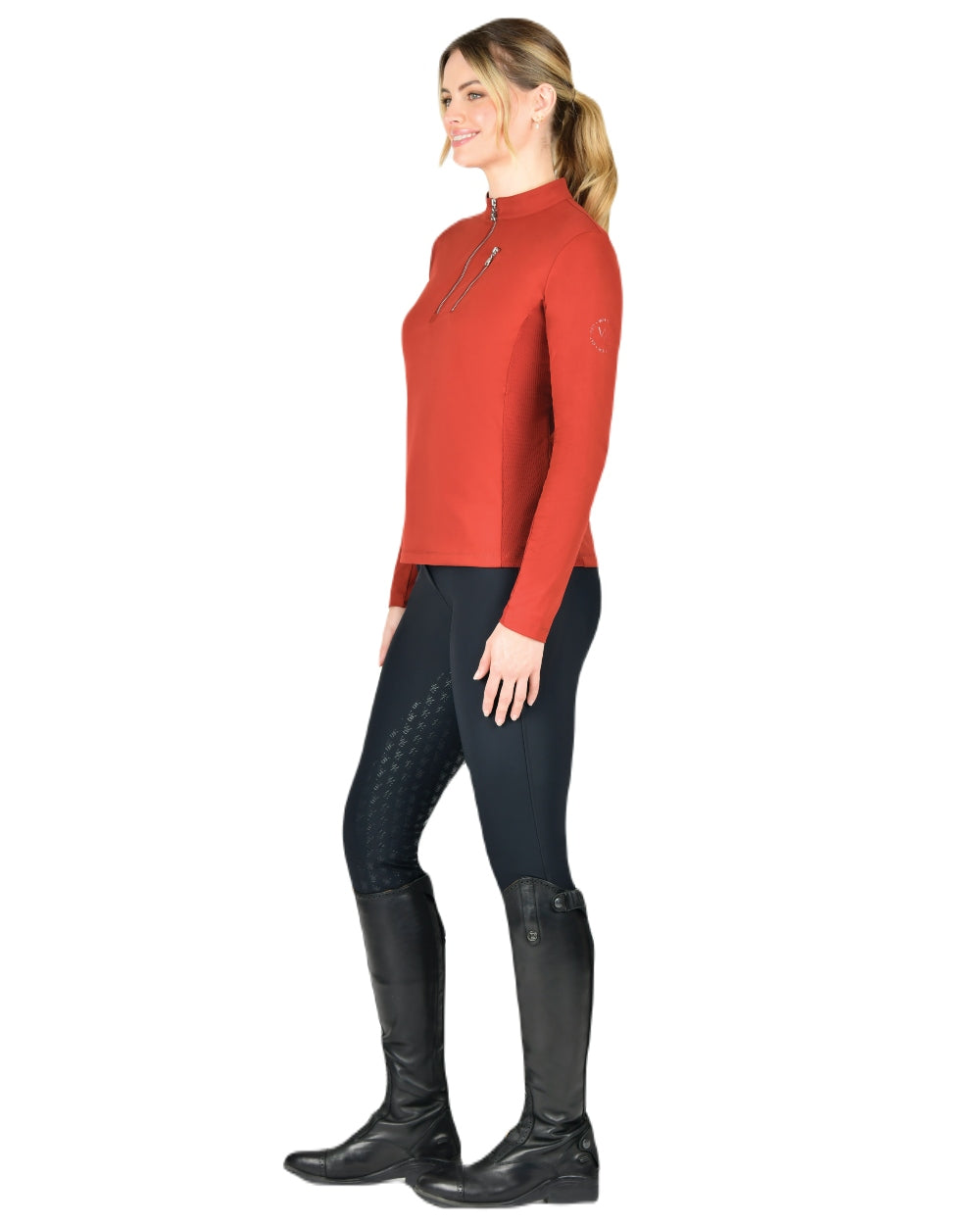 Red Ochre coloured WeatherBeeta Womens Reno Long Sleeve Riding Top on white background 