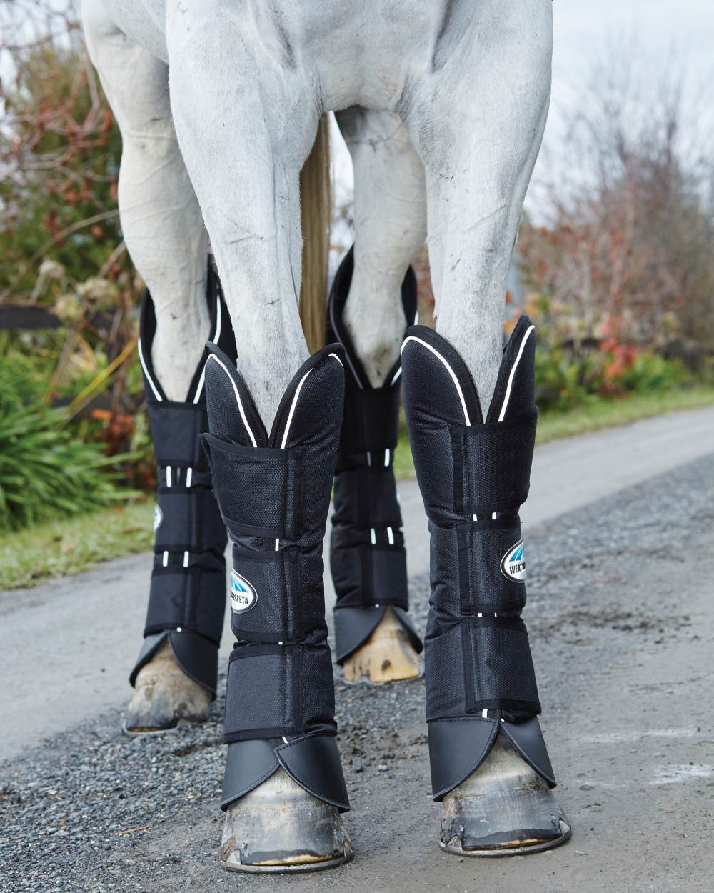 Black coloured WeatherBeeta Deluxe Travel Boots on path background 