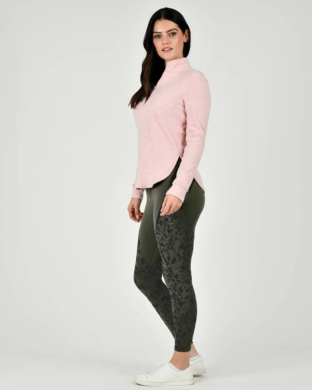 Blush Coloured WeatherBeeta London Layer Long Sleeve Top On A grey Background 