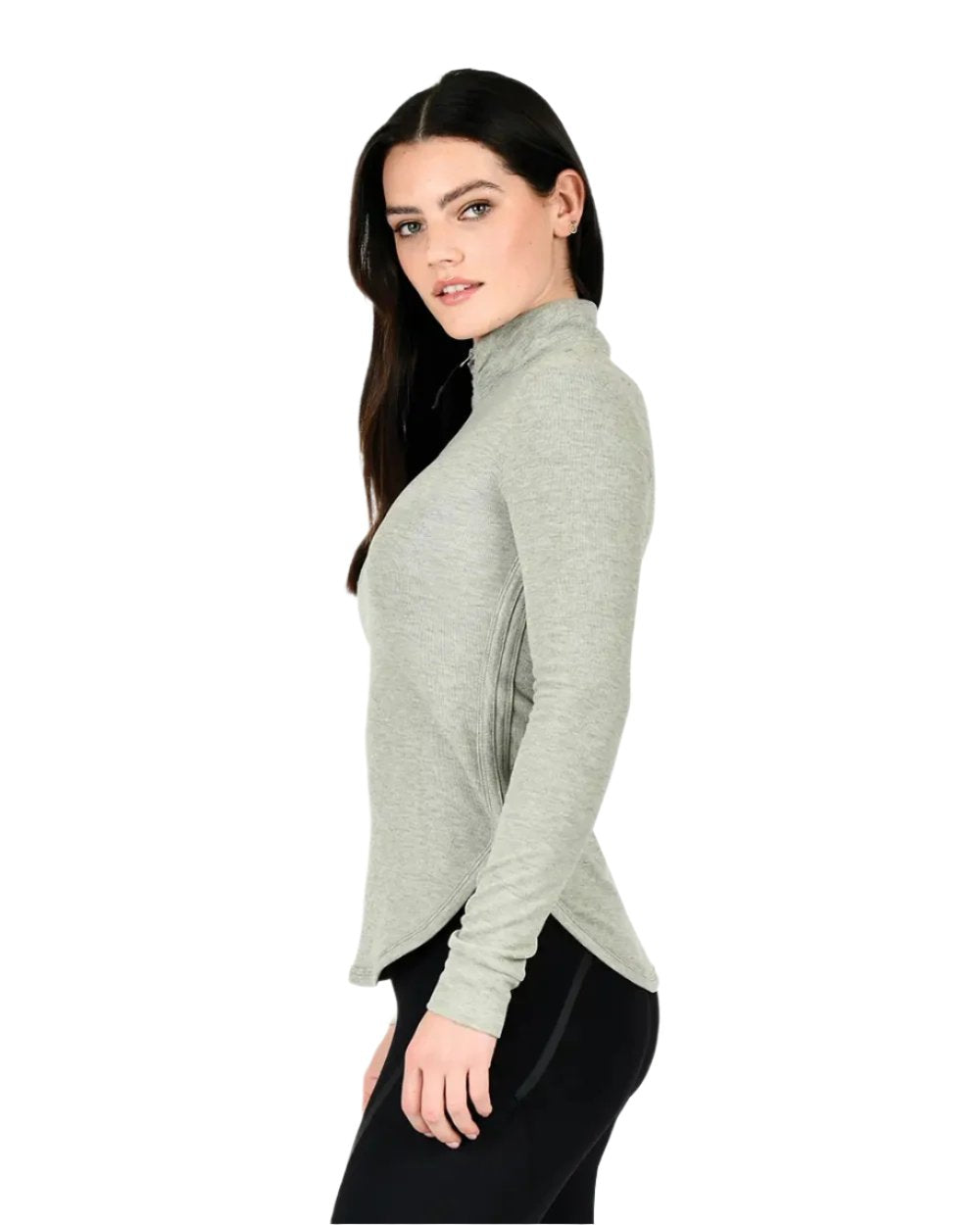 Dusty Olive Coloured WeatherBeeta London Layer Long Sleeve Top On A grey Background 