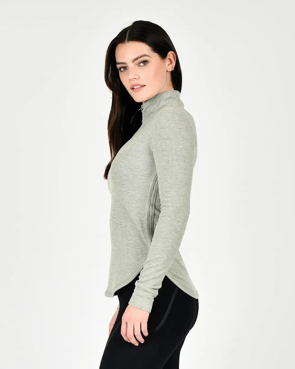 Dusty Olive Coloured WeatherBeeta London Layer Long Sleeve Top On A grey Background 