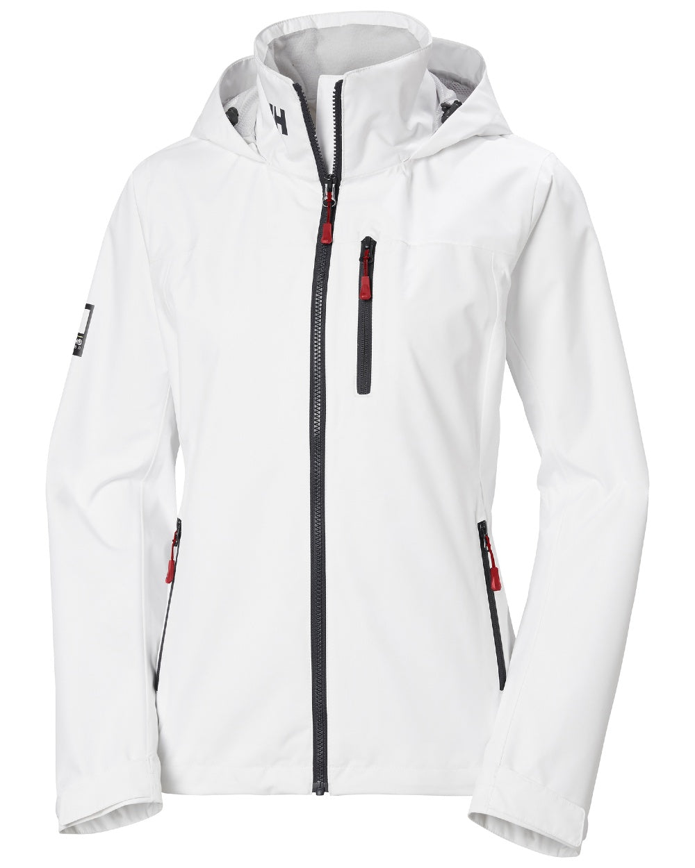 White coloured Helly Hansen womens crew hooded sailing jacket 2.0 on white background 