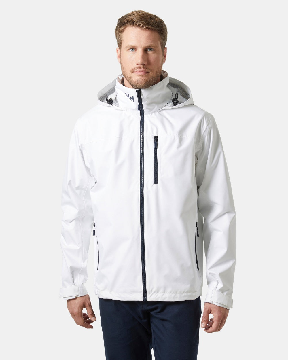 White coloured Helly Hansen Mens Crew Hooded Jacket 2.0 on grey background 