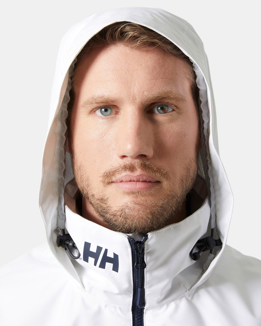 White coloured Helly Hansen Mens Crew Hooded Jacket 2.0 on grey background 