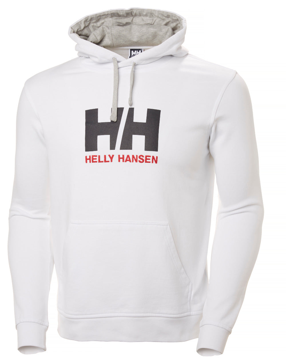 White Coloured Helly Hansen Mens Logo Hoodie On A White Background 
