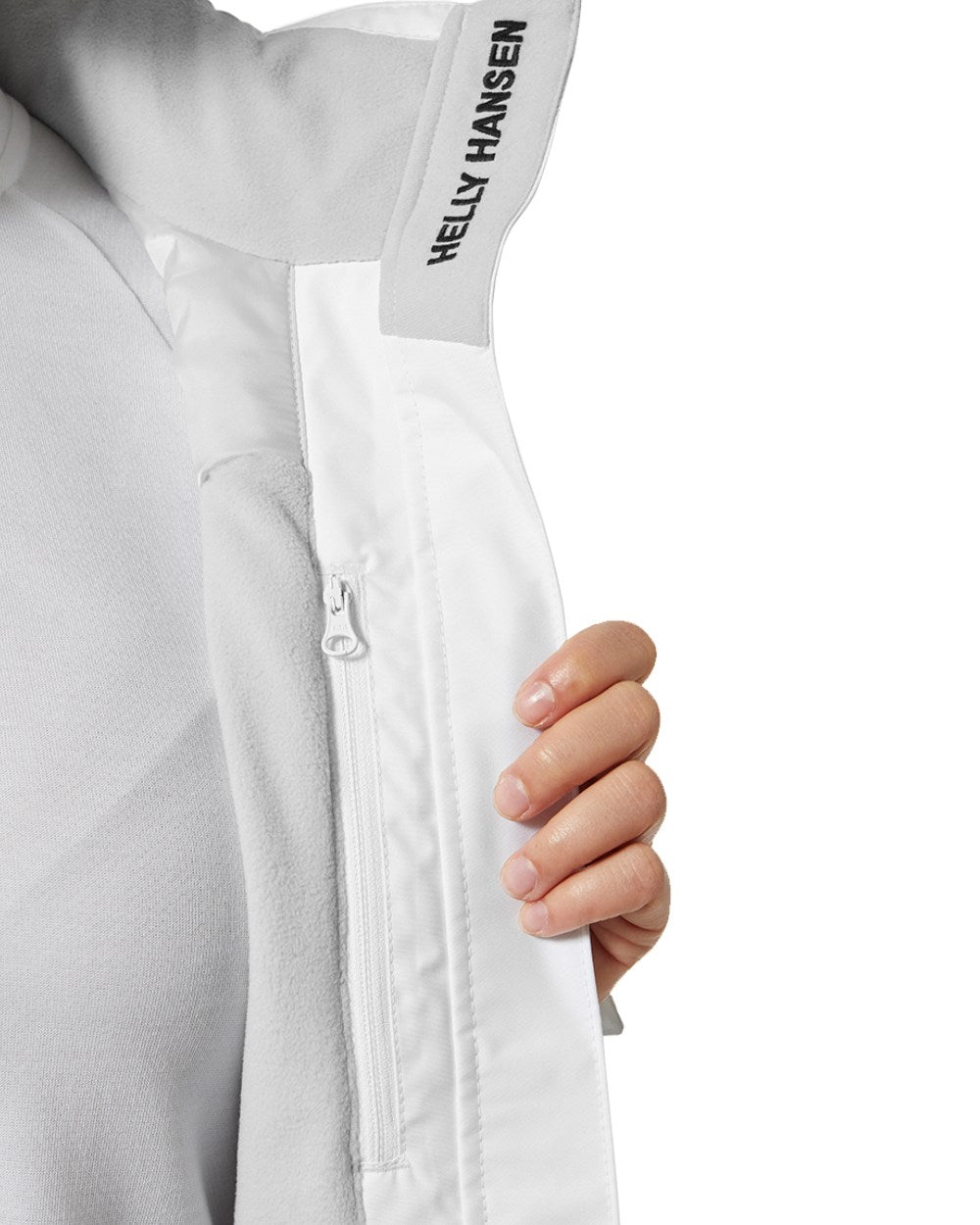 White Coloured Helly Hansen Womens Crew Hooded Midlayer Sailing Jacket 2.0 On A White Background 