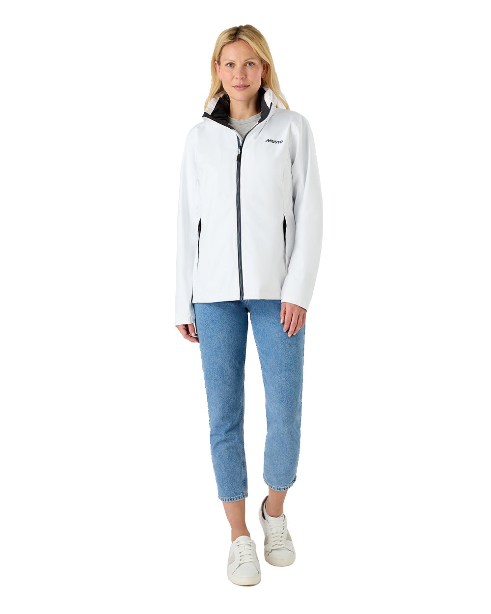 White Coloured Musto Womens Nautic Rain Jacket On A White Background 