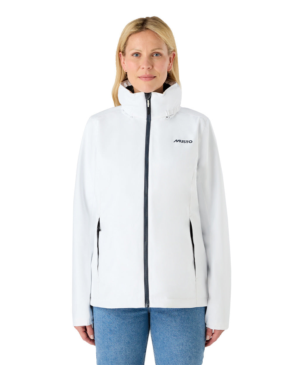 White Coloured Musto Womens Nautic Rain Jacket On A White Background 