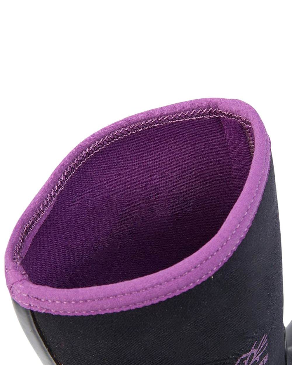 Black Purple coloured Woodland Ladies Pull On Neoprene Wellingtons on white background 