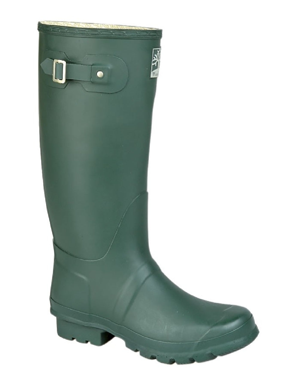 Green coloured Woodland Wide Fit Quality Strap Wellington Boots on white background 