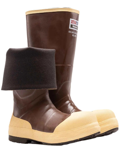 Brown Tan Coloured Xtratuf Legacy NXT Steel Toe Fishing Boots on white background 