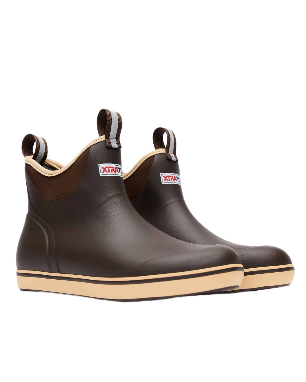 Chocolate Tan Coloured Xtratuf Mens 6 Ankle Deck Boots on white background 