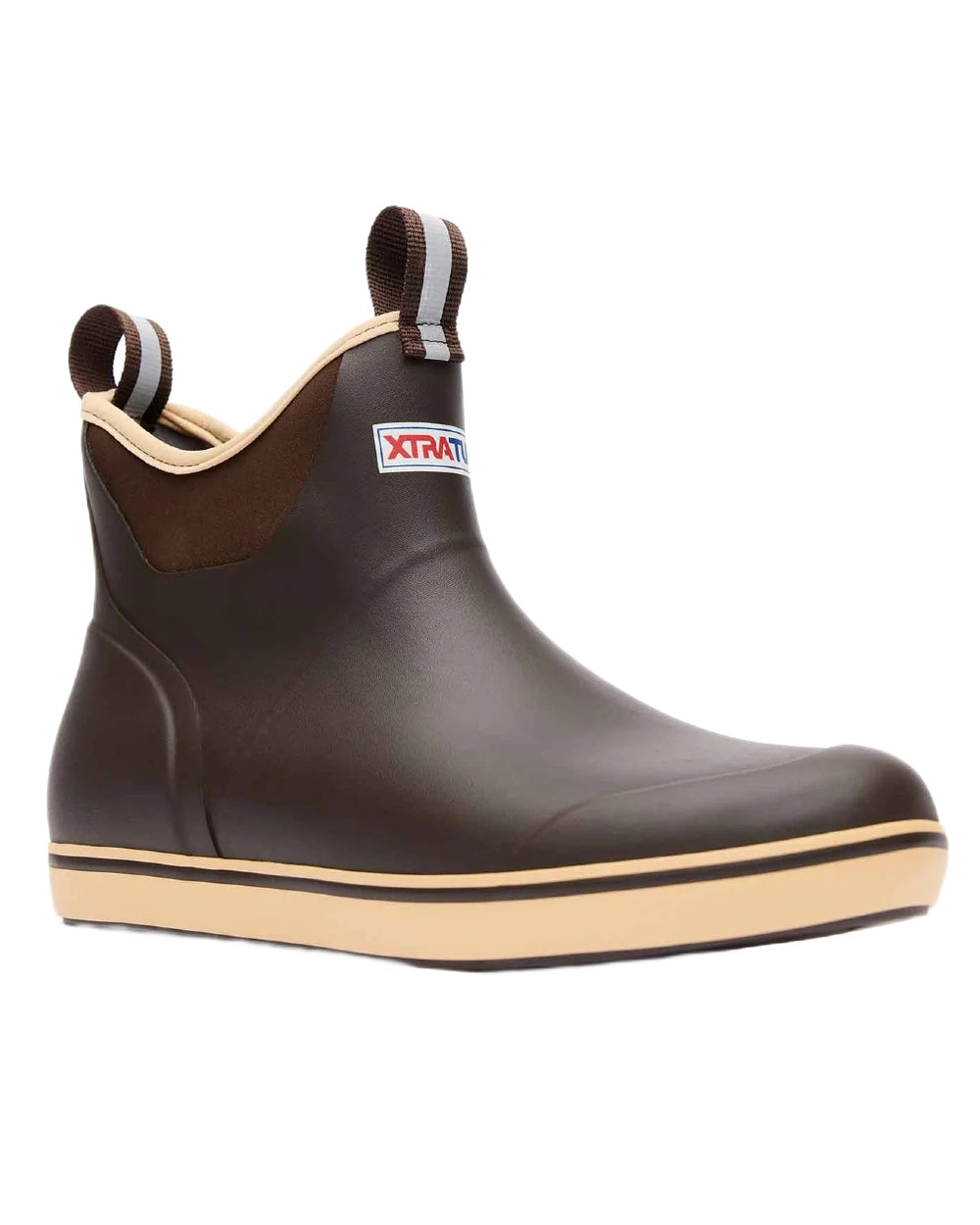Chocolate Tan Coloured Xtratuf Mens 6 Ankle Deck Boots on white background 