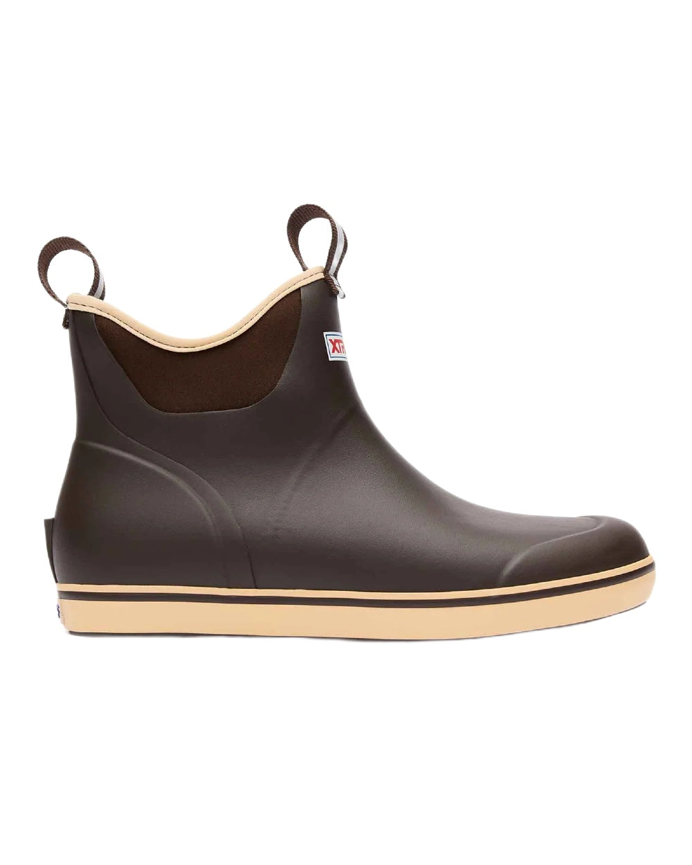 Chocolate Tan Coloured Xtratuf Mens  6 Ankle Deck Boots on white background 