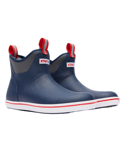 Navy Red Coloured Xtratuf Mens 6 Ankle Deck Boots on white background 