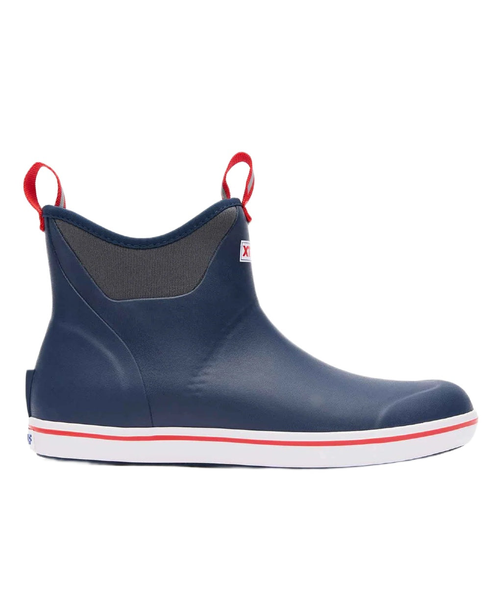 Navy Red Coloured Xtratuf Mens 6 Ankle Deck Boots on white background 