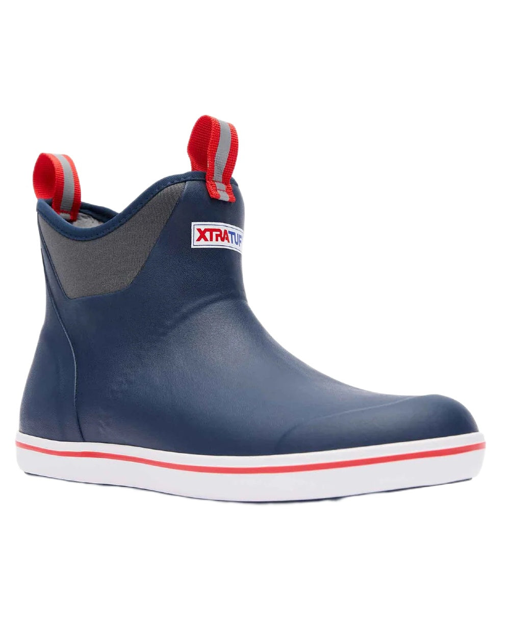 Navy Red Coloured Xtratuf Mens 6 Ankle Deck Boots on white background 