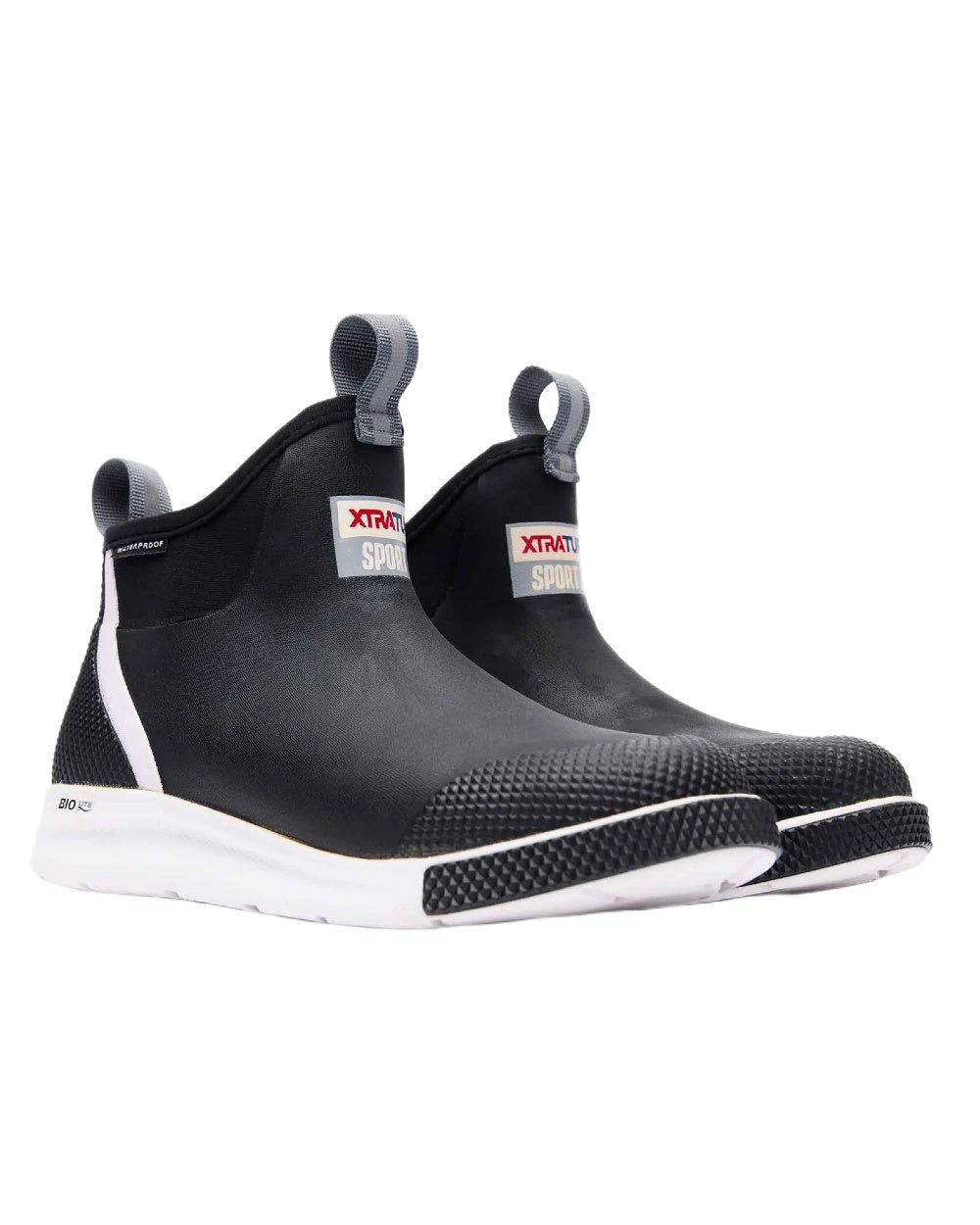 Black Coloured Xtratuf Mens 6&quot; Ankle Deck Sport Boots on white background 