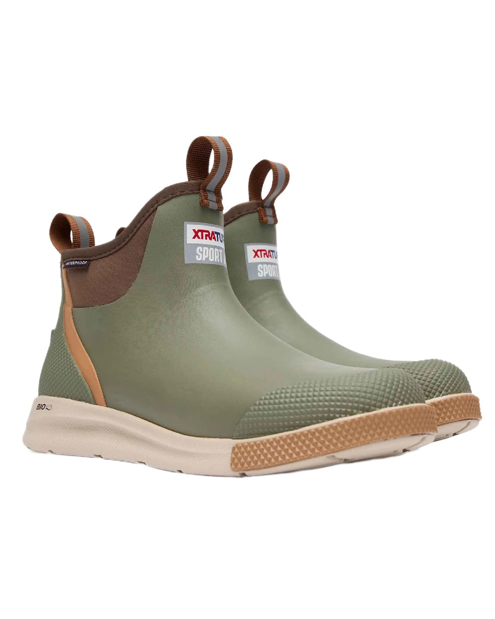 Olive Coloured Xtratuf Mens 6" Ankle Deck Sport Boots on white background 